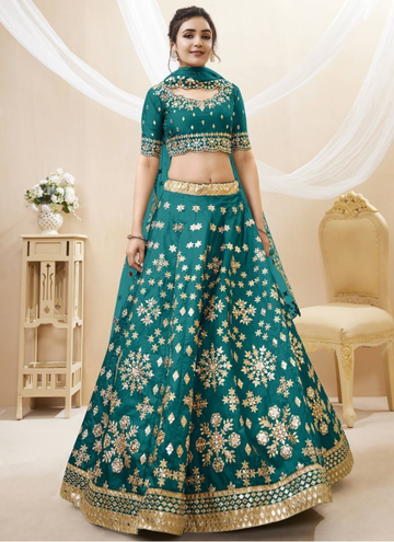 Amazing Foil Mirror Teal Blue Mulberry Silk Lehenga Choli